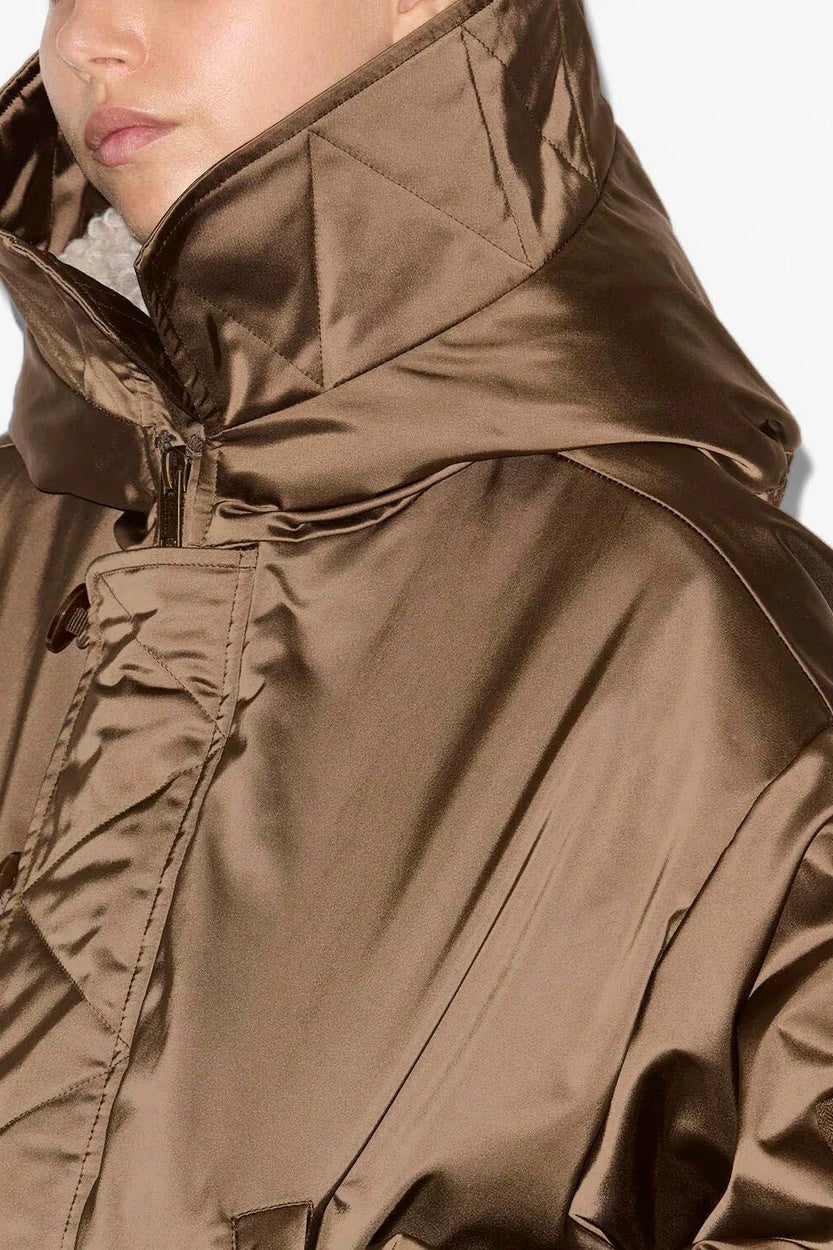 Elisa Short Quilted Khaki Satin Coat