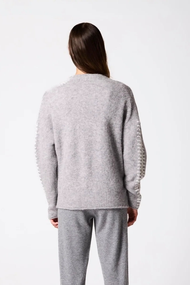 Soft Grey Alpaca Wool Cardigan With Ivory Stitching
