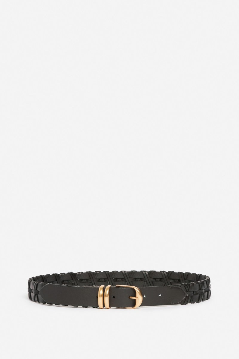 Black belt with a gold buckle on a white background