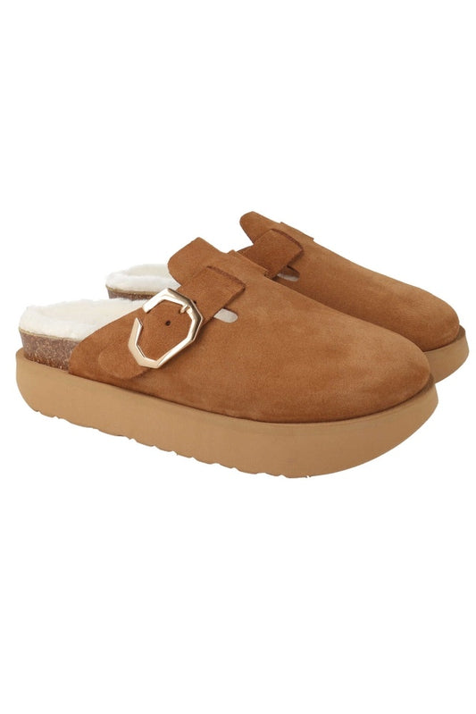 Brown suede platform clog shoe with a gold buckle on a white background