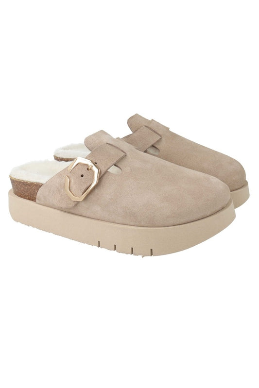 Beige suede clog shoe with a buckle on a white background