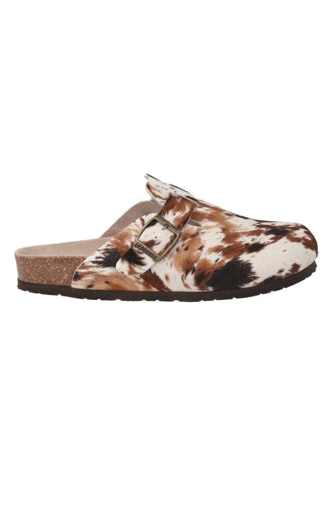 Brown and white cow print sandal with a buckle on a white background