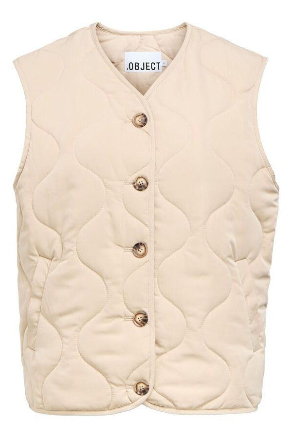 Beige quilted gilet with gold buttons on a white background