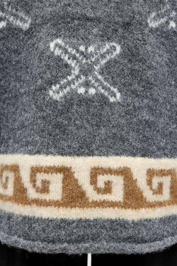 Gray knitted sweater with decorative band and pattern