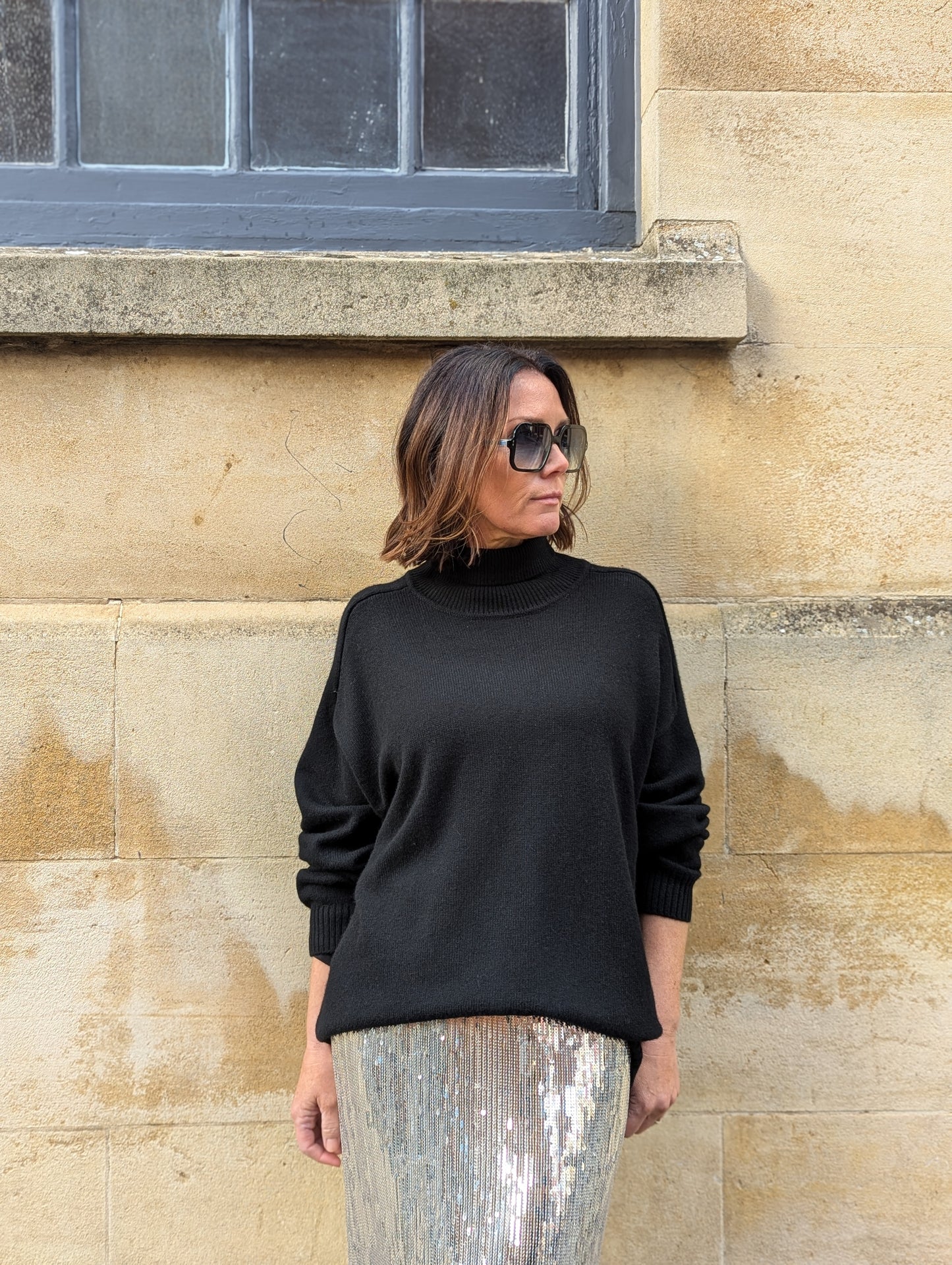 Black Cashmere Saddle Roll-Collar Jumper