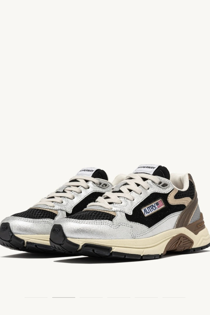 Hyperway Sneakers in Black and Silver Laminated Leather and Mesh