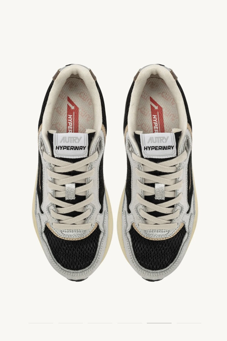 Hyperway Sneakers in Black and Silver Laminated Leather and Mesh