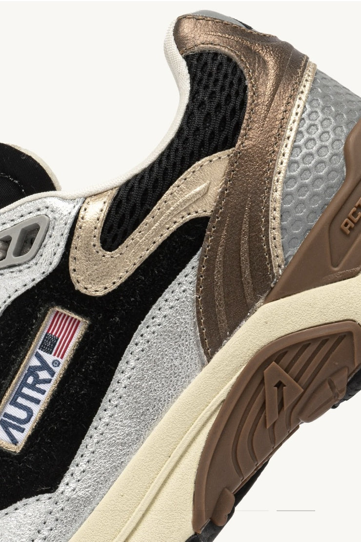 Hyperway Sneakers in Black and Silver Laminated Leather and Mesh
