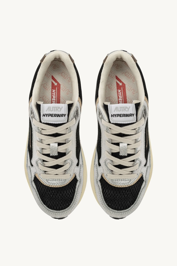 Hyperway Sneakers in Black and Silver Laminated Leather and Mesh
