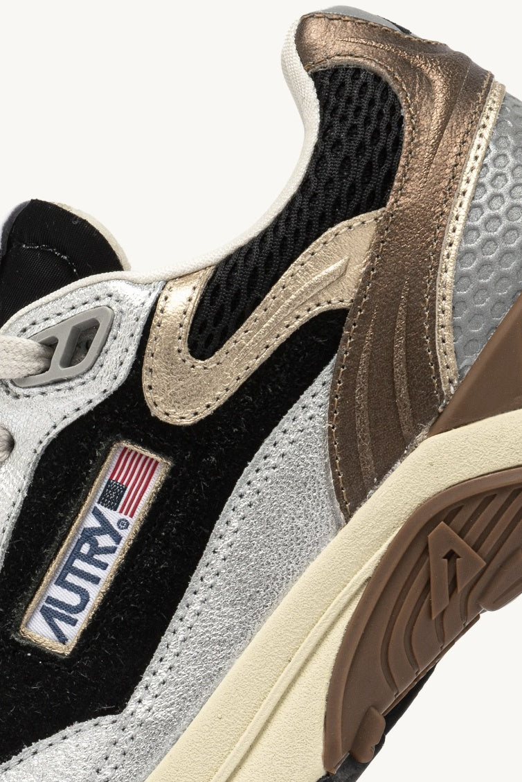 Hyperway Sneakers in Black and Silver Laminated Leather and Mesh