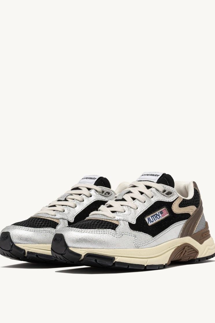 Hyperway Sneakers in Black and Silver Laminated Leather and Mesh