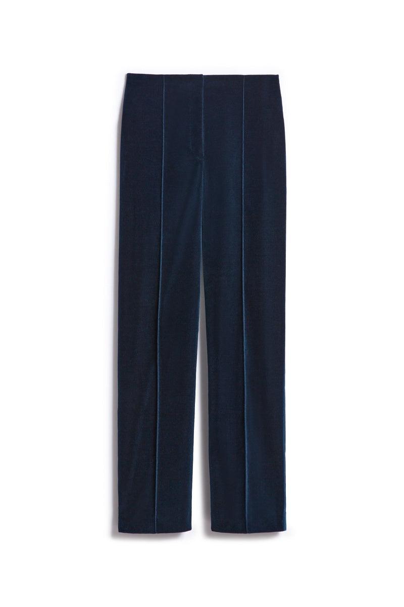Navy blue vellvet pants with pleated design on a white background