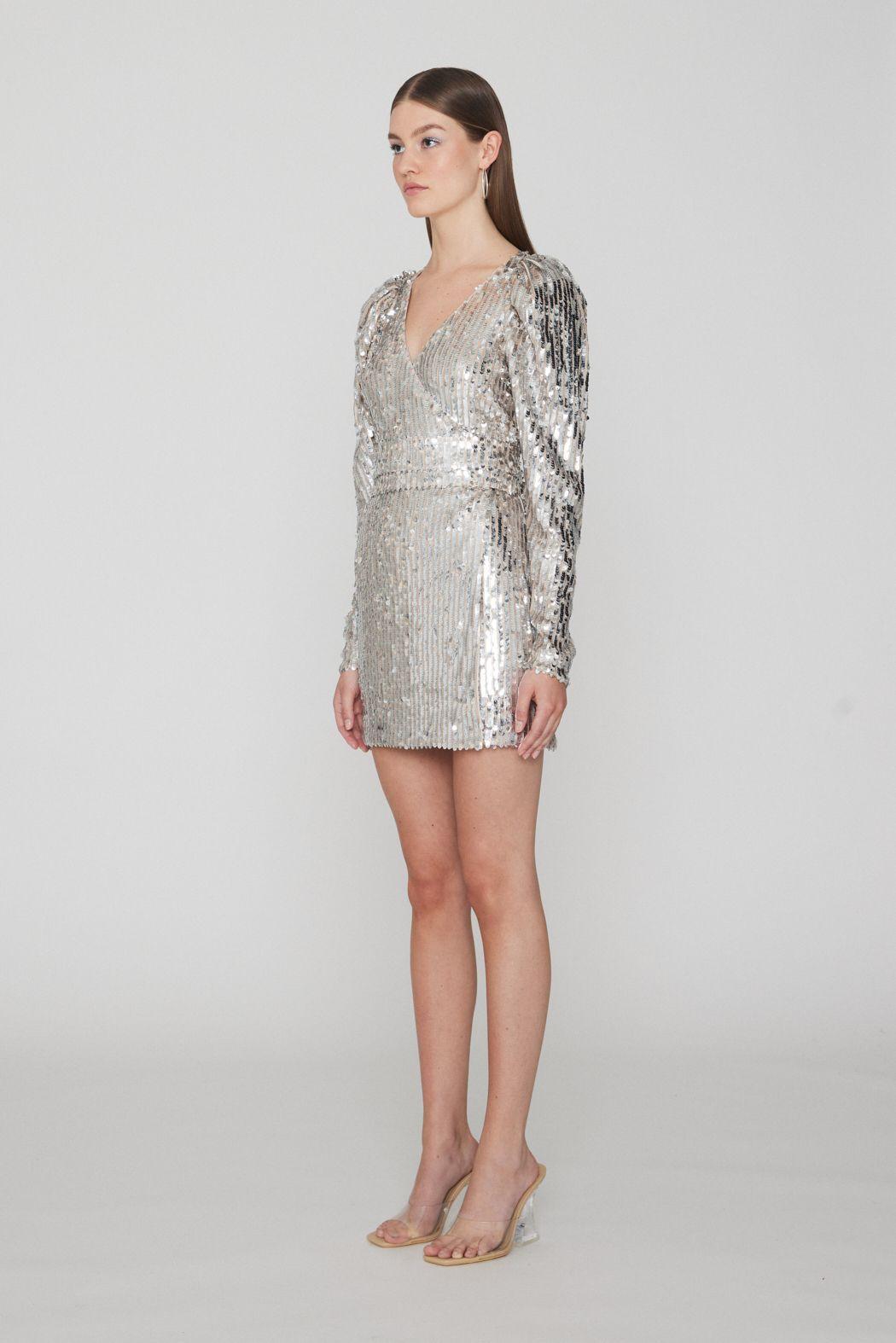 Rotate Remain - Bridget Silver Sequin Wrap Dress - 32 The Guild