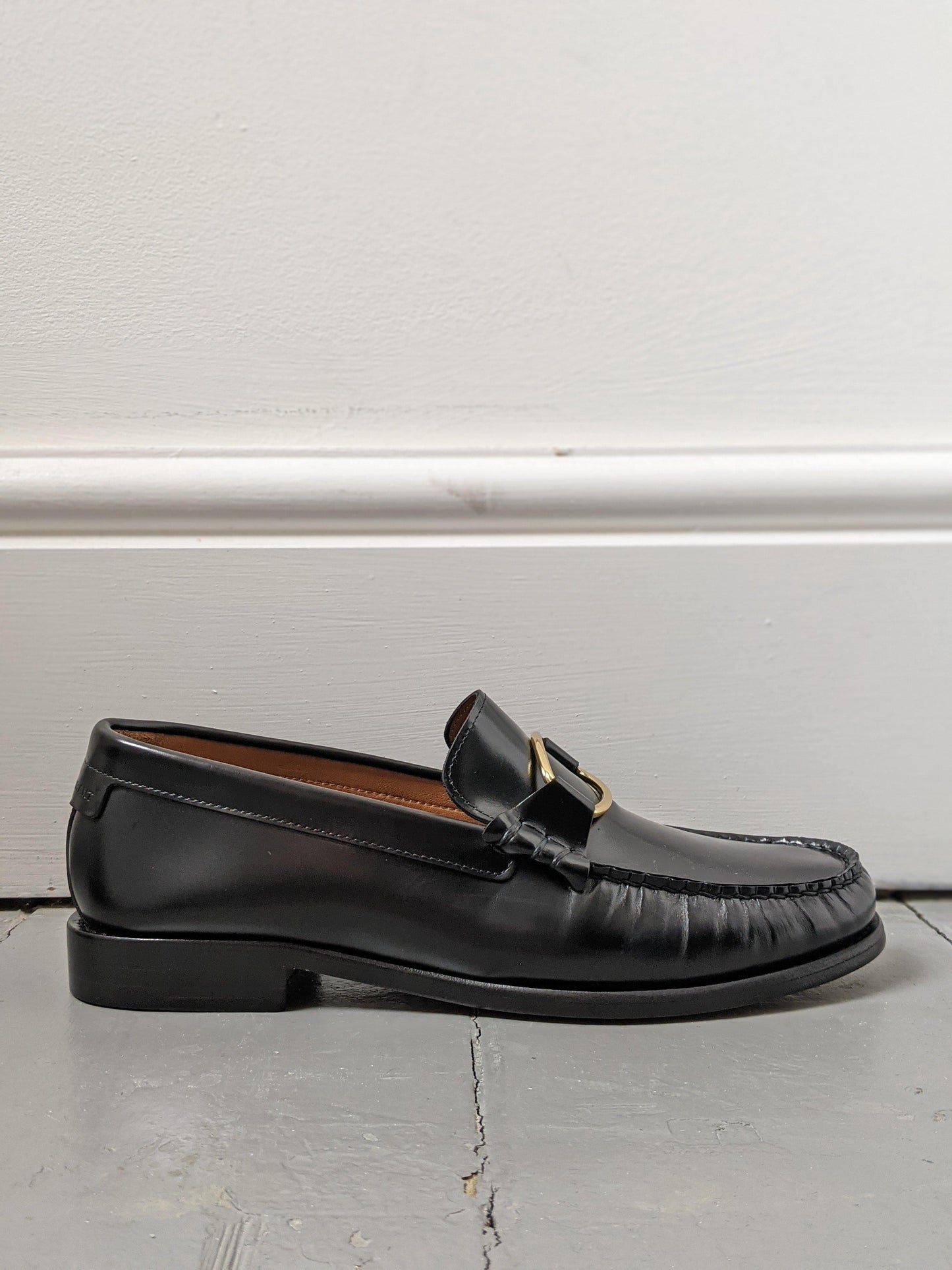 isabel marant etoile frunee black leather loafers