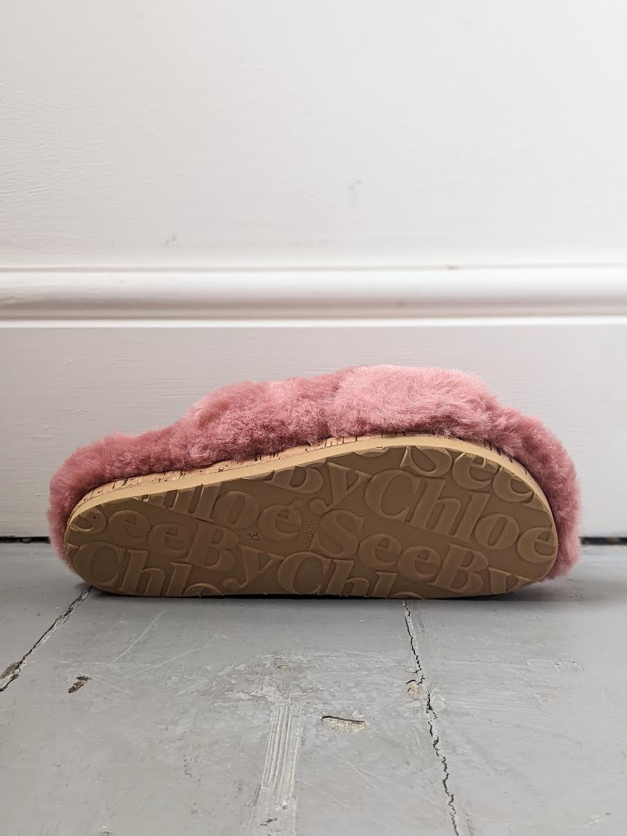 See By Chloe - Pink Faux Fur Cross-Over Sandals - 32 The Guild