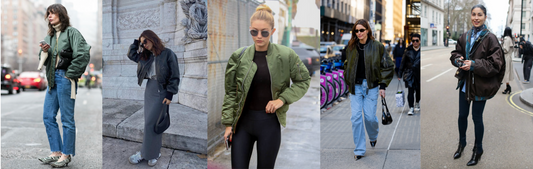 Luxury bomber jackets paired with denim, heels, trainers and sneakers