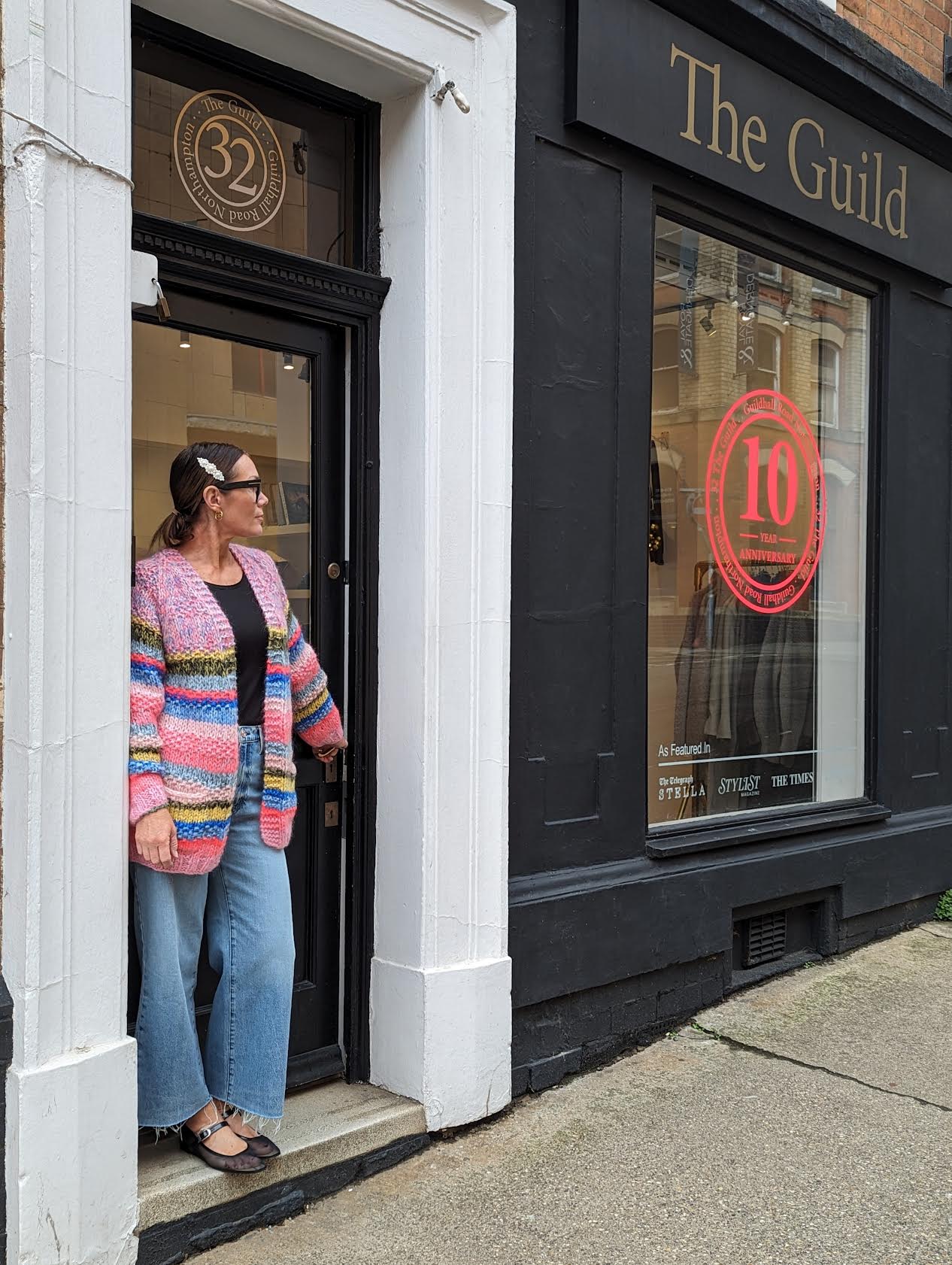 DawnxDare - Mars Pink & Blue Multi-Coloured Cardigan worn with Frame Jeans outside 32 The Guild