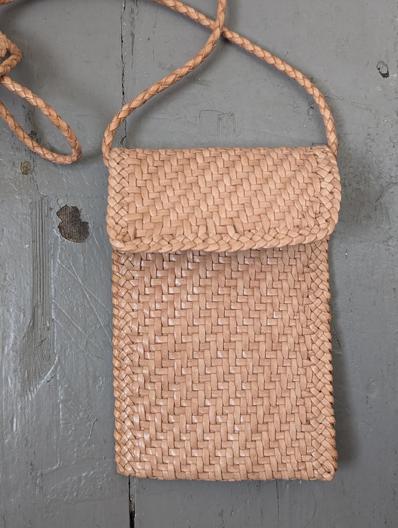 Natural Woven Leather Cross-Body Phone Bag