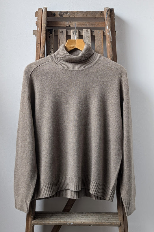 Organic Light Brown Cashmere Roll-Collar Jumper