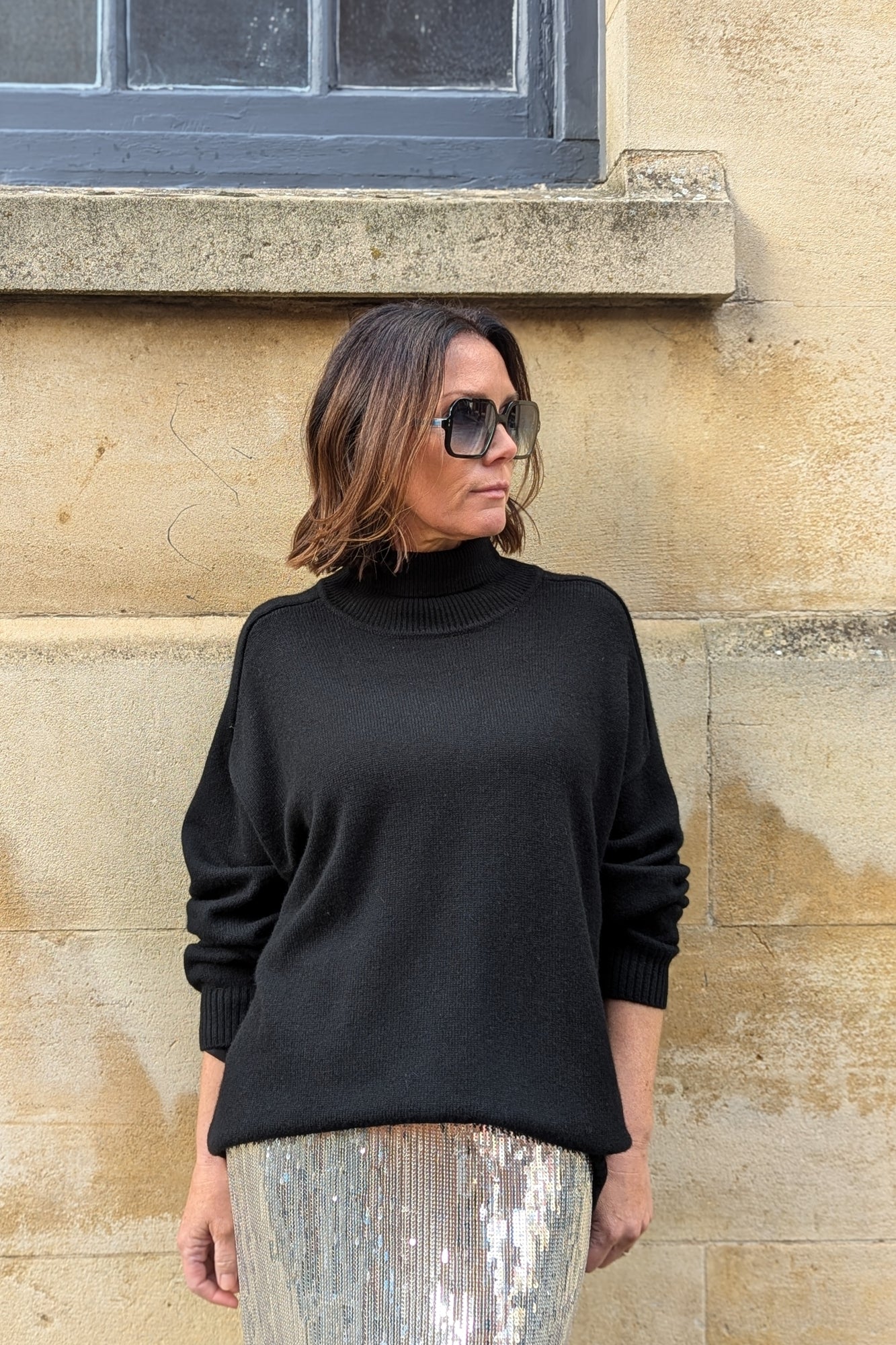 Black Cashmere Saddle Roll-Collar Jumper