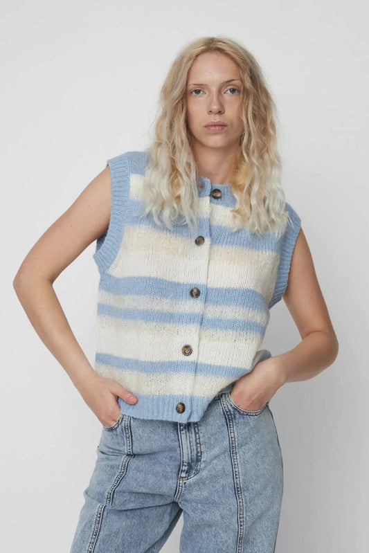 Creme Blue Striped Knitted Vest