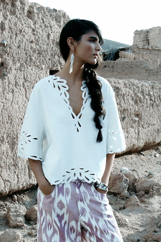 Shana White Cotton Embroidered Top