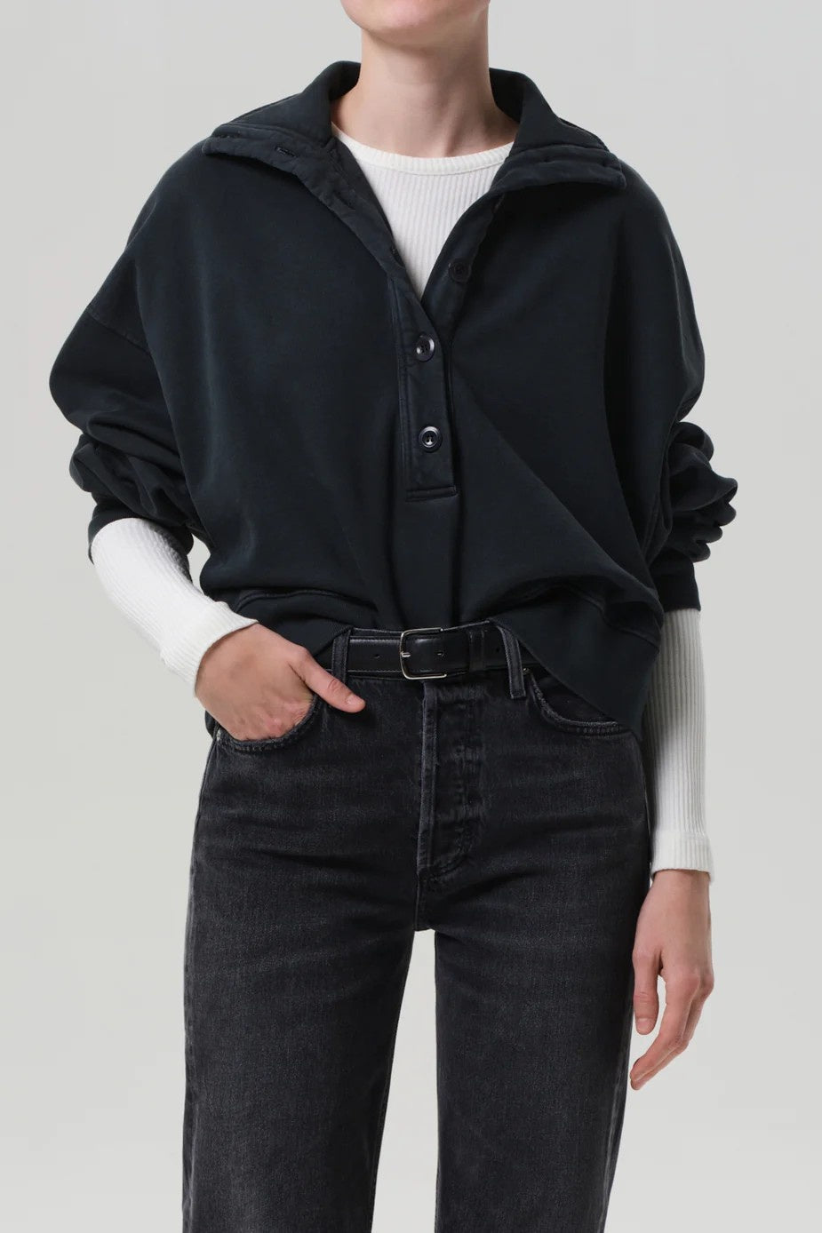 Mirelle Charcoal Funnel Neck Button Sweatshirt