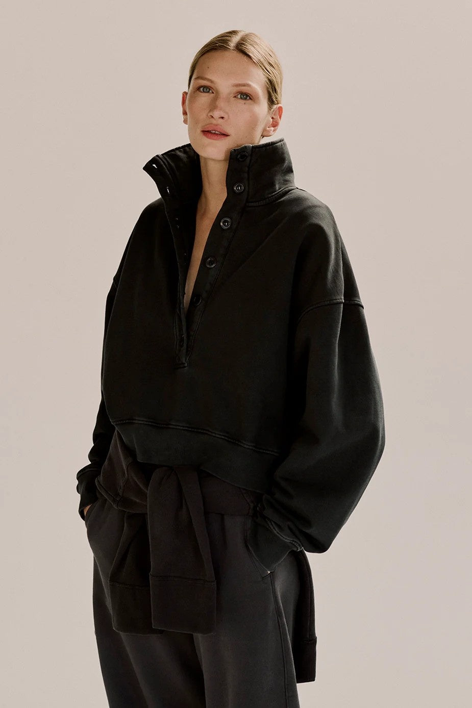 Mirelle Charcoal Funnel Neck Button Sweatshirt