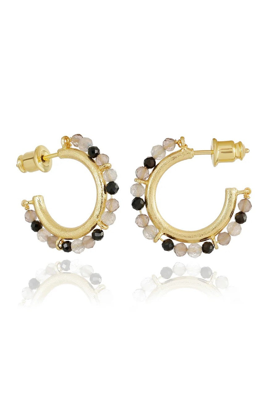 Ophelia Small Gemstone Hoops Smoky Quartz, Labradorite & Black Onyx