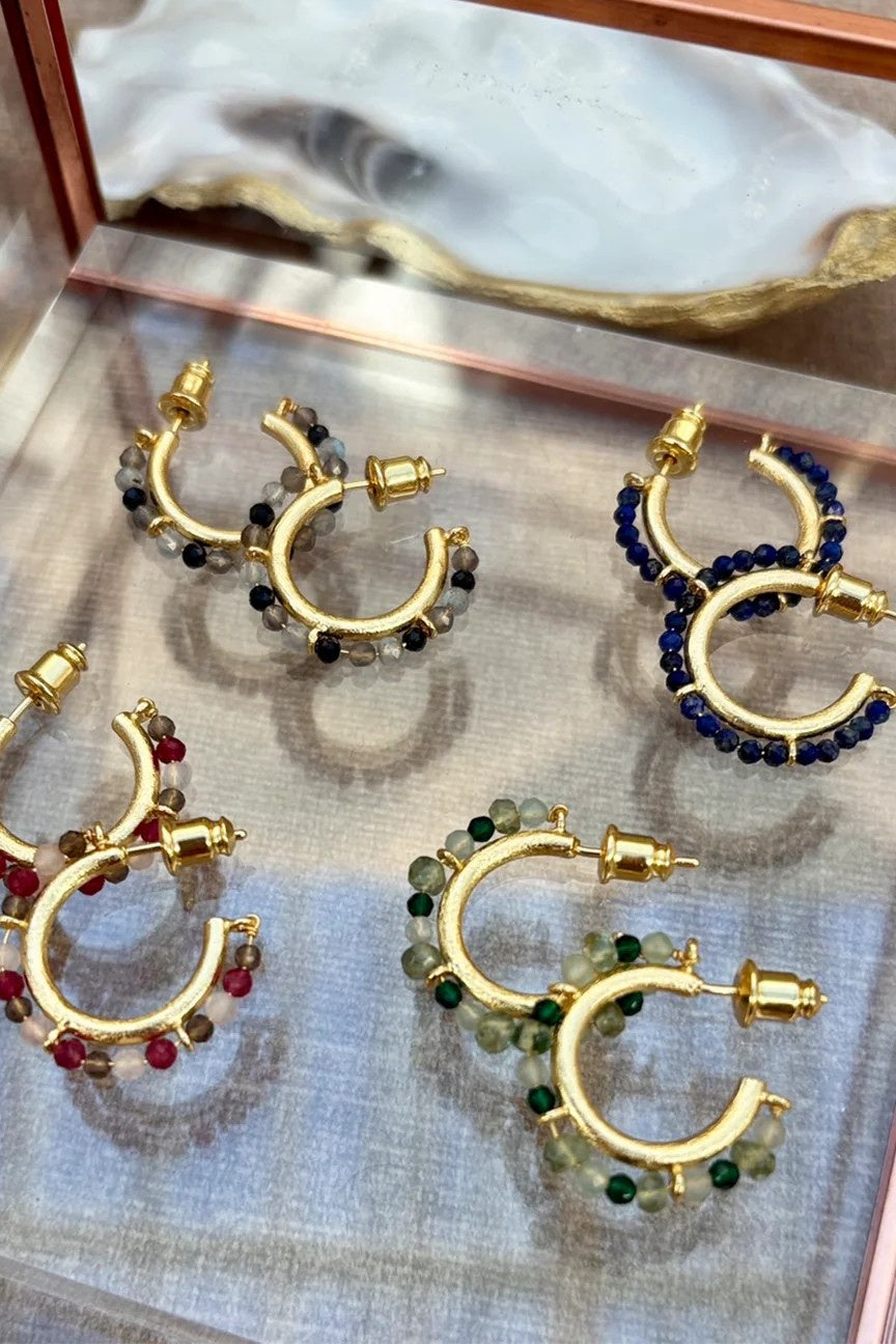 Ophelia Small Gemstone Hoops Smoky Quartz, Labradorite & Black Onyx