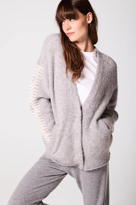 Soft Grey Alpaca Wool Cardigan With Ivory Stitching