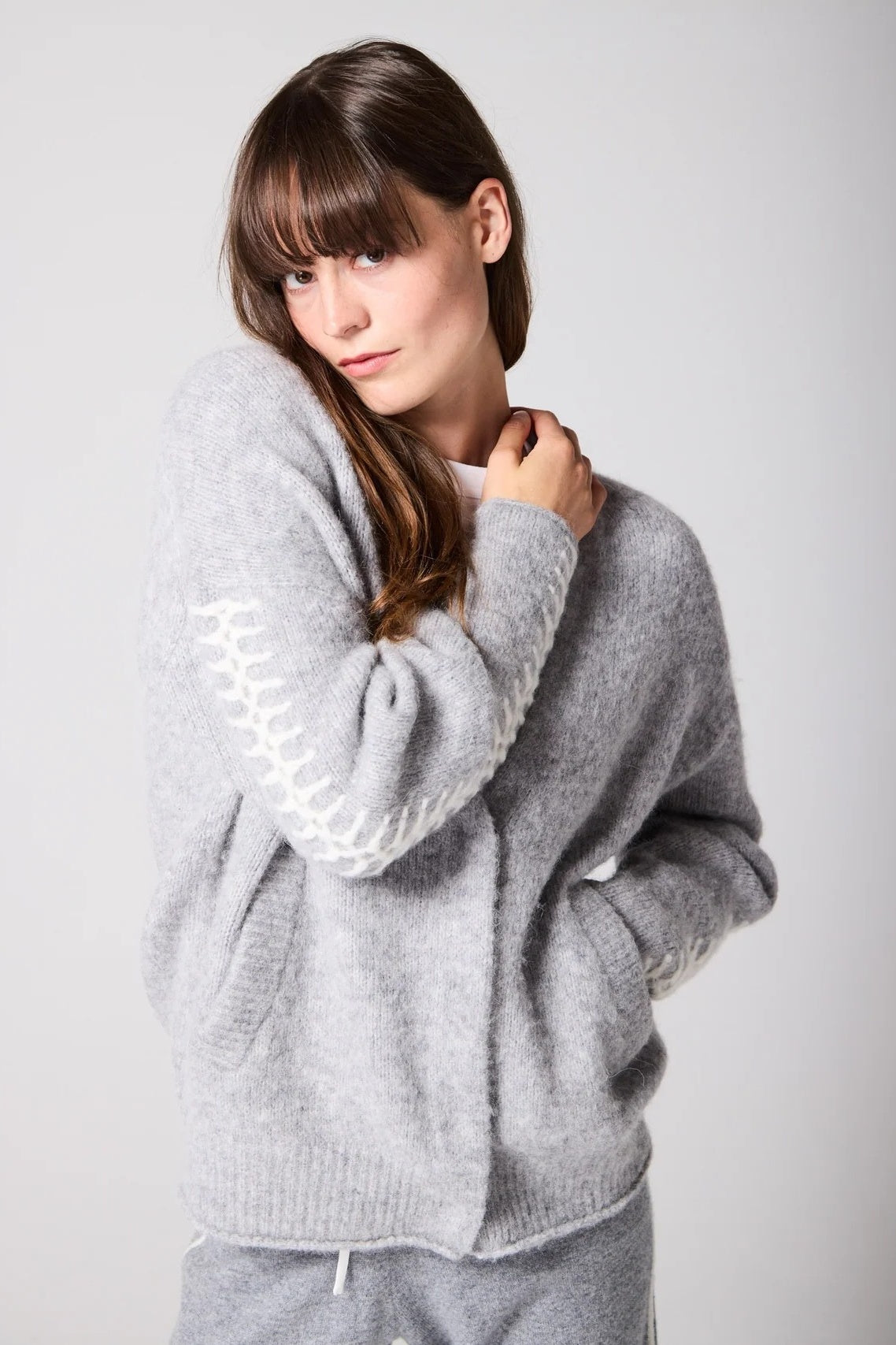 Soft Grey Alpaca Wool Cardigan With Ivory Stitching