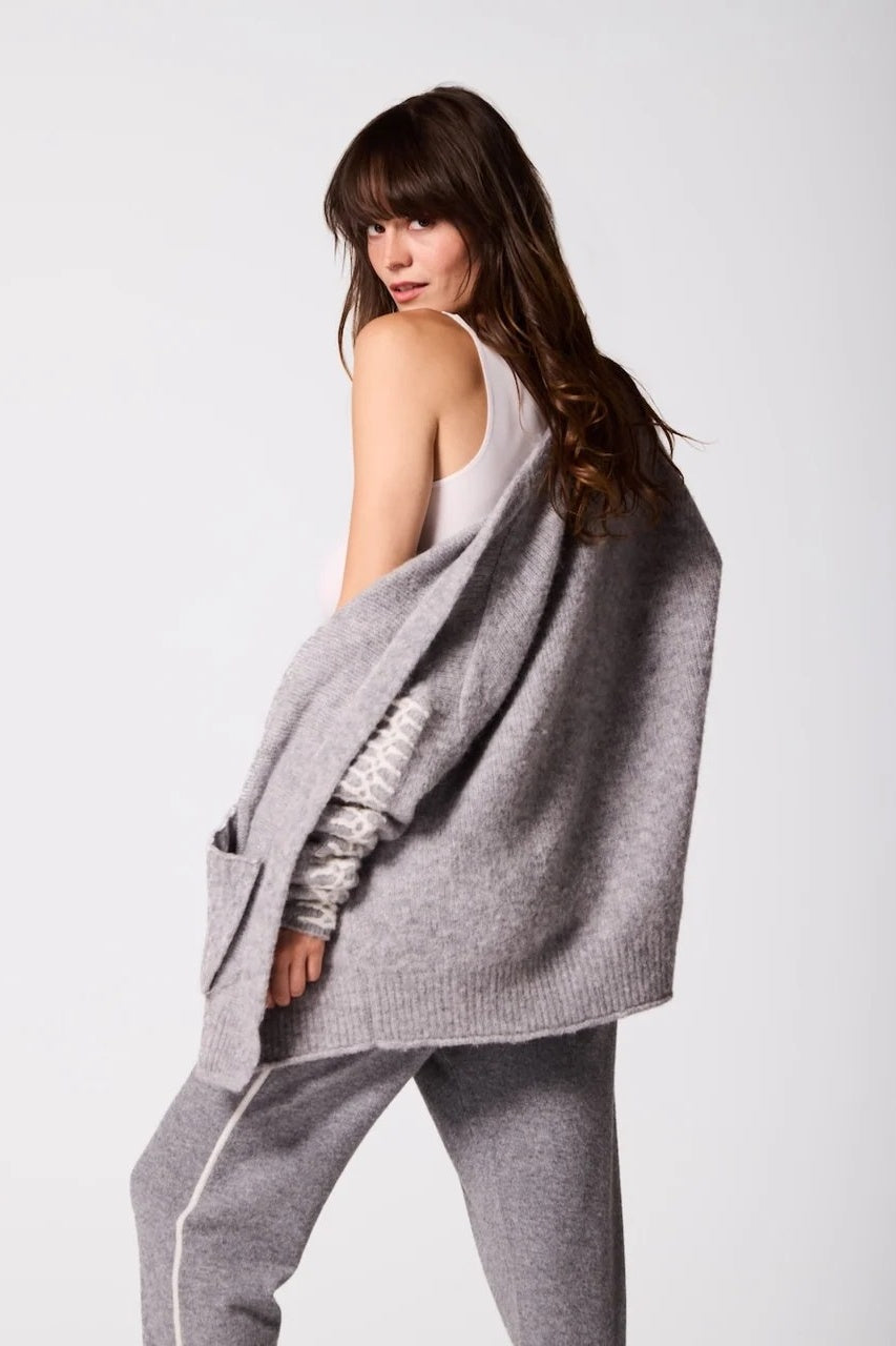 Soft Grey Alpaca Wool Cardigan With Ivory Stitching