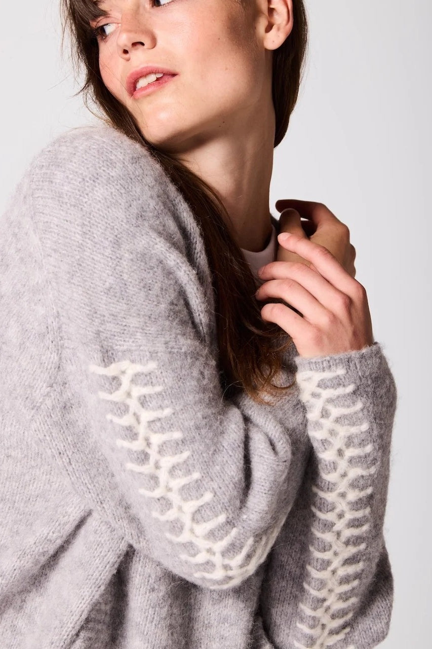 Soft Grey Alpaca Wool Cardigan With Ivory Stitching