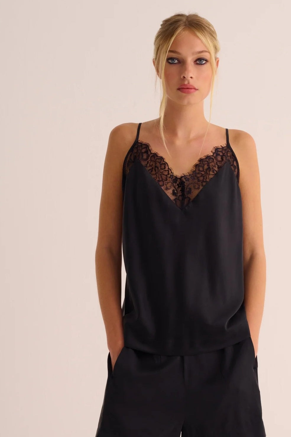 Black Organic Stretch Silk & Lace Camisole