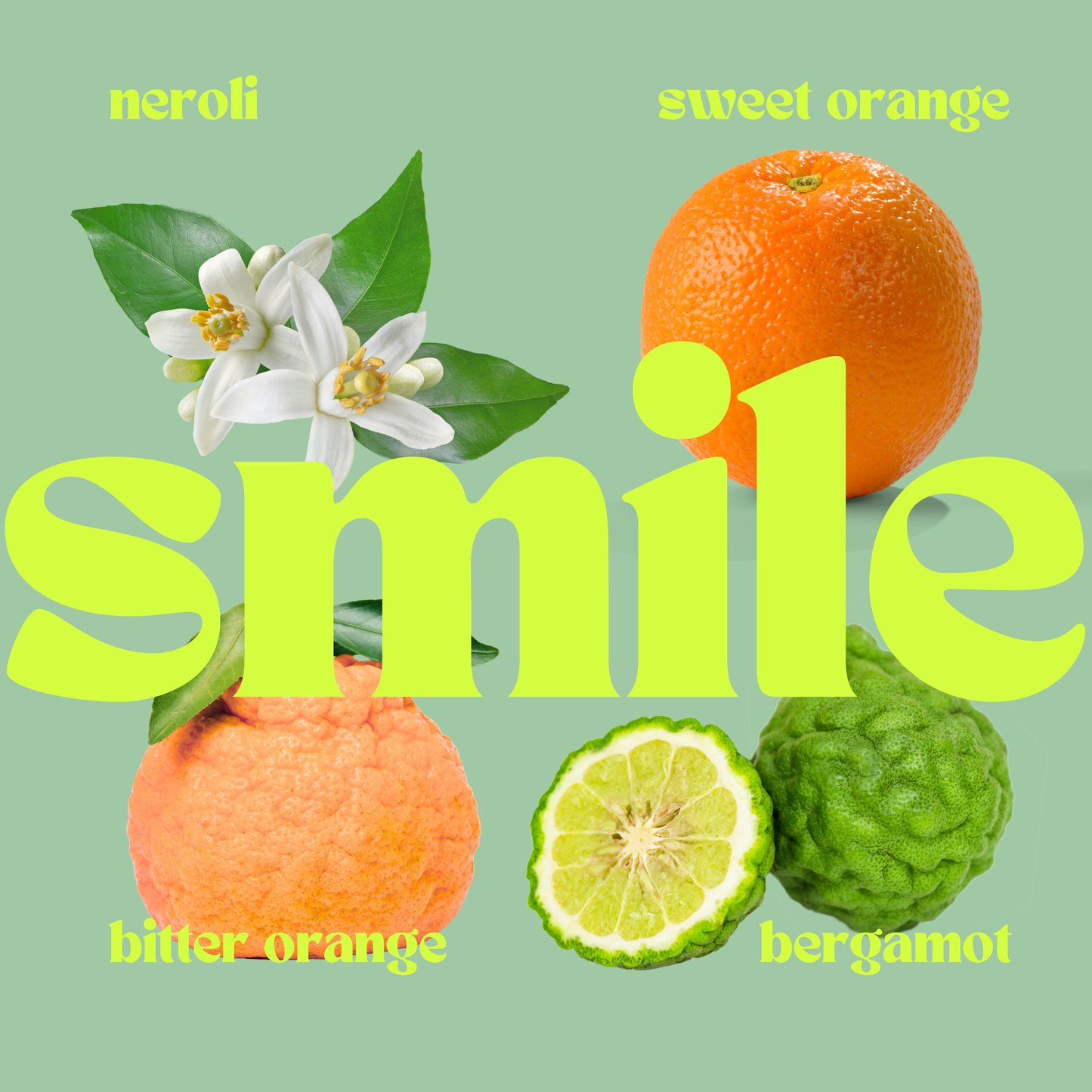 Fruits and flowers with the word 'smile' on a green background