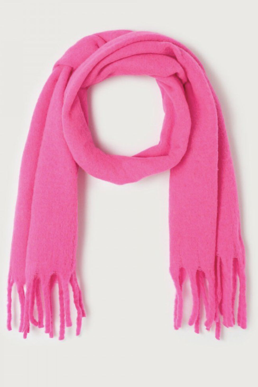 A pink scarf with fringes displayed on a plain background.