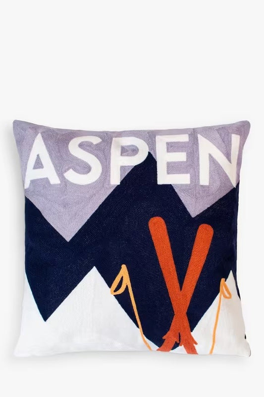 Decorative pillow with 'ASPEN' text and mountain design on a white background