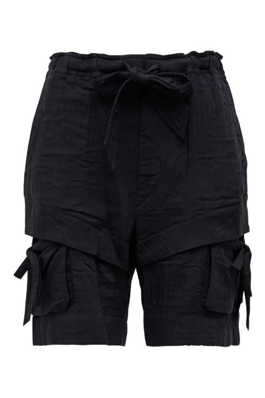 Black layered shorts with drawstring on a white background