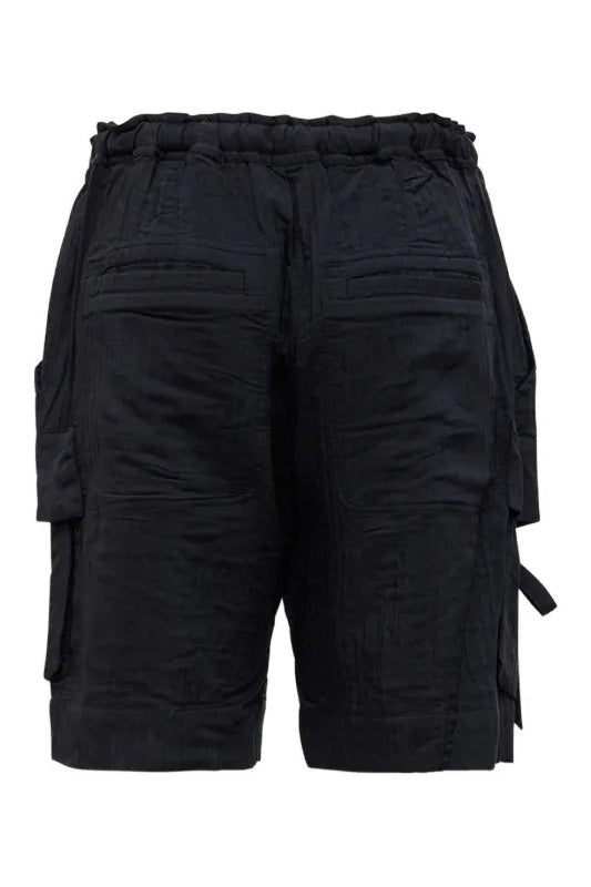 Black cargo shorts on a white background