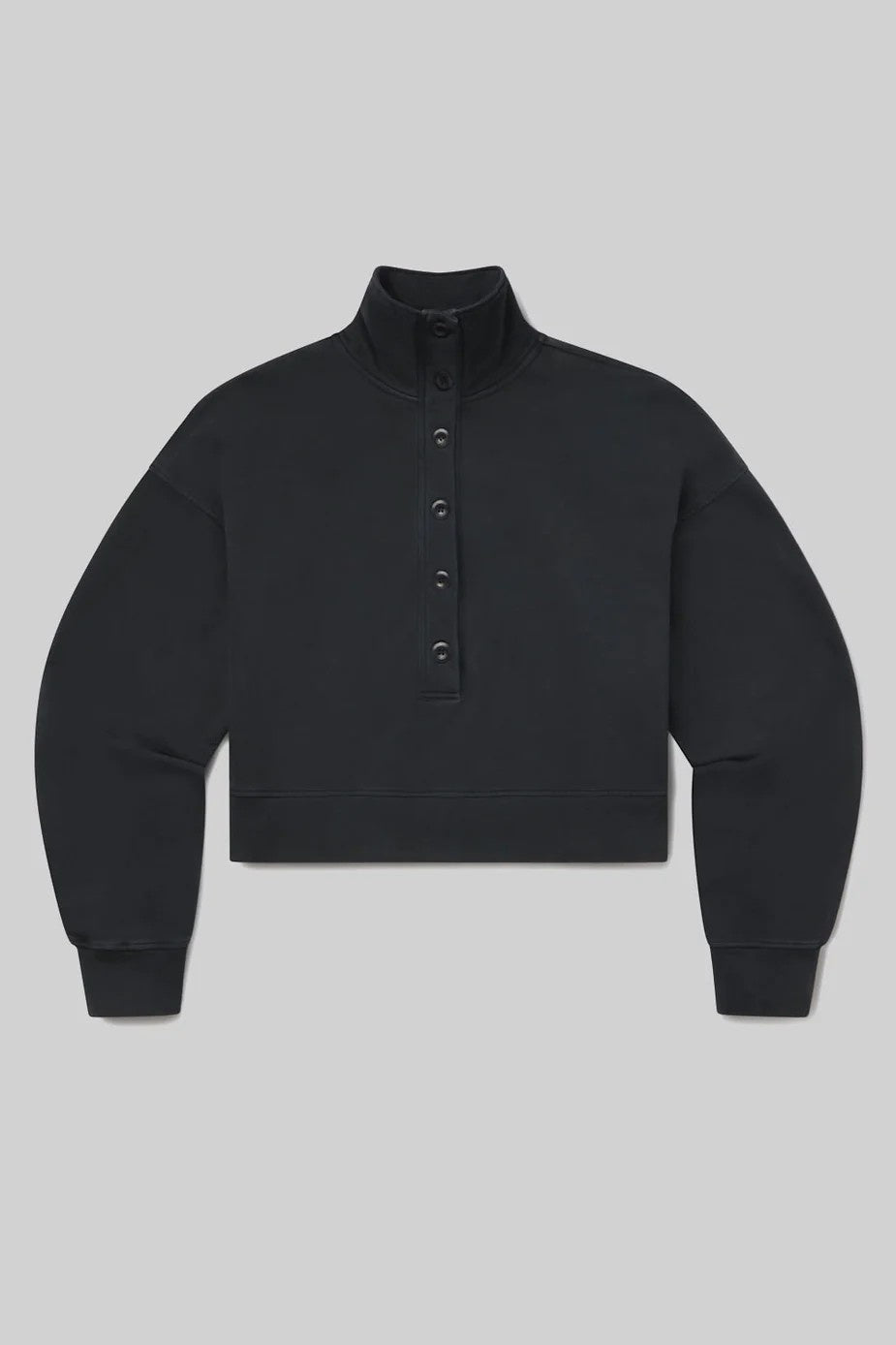 Black quarter-zip sweatshirt on a light grey background