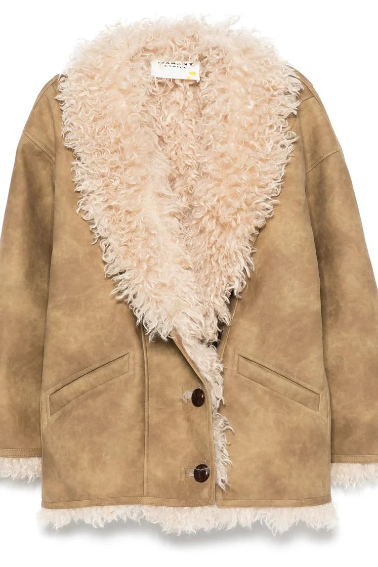 Brown suede coat with white faux shearling lining on a white background