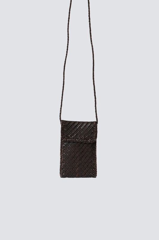 Dark brown textured crossbody bag on a light gray background