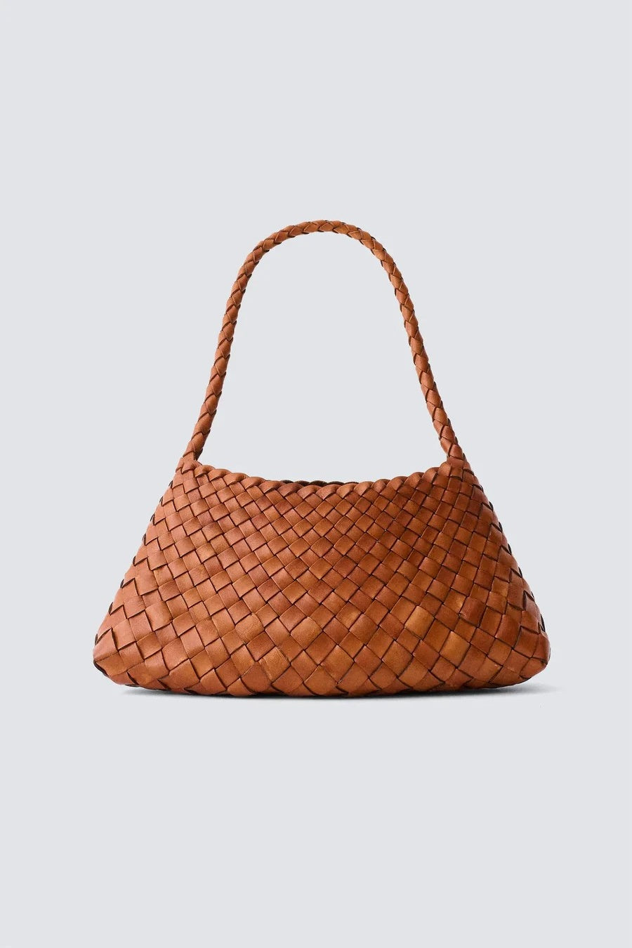 Brown woven handbag on a light gray background
