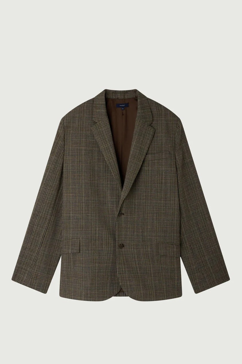 Brown checkered blazer on a light gray background
