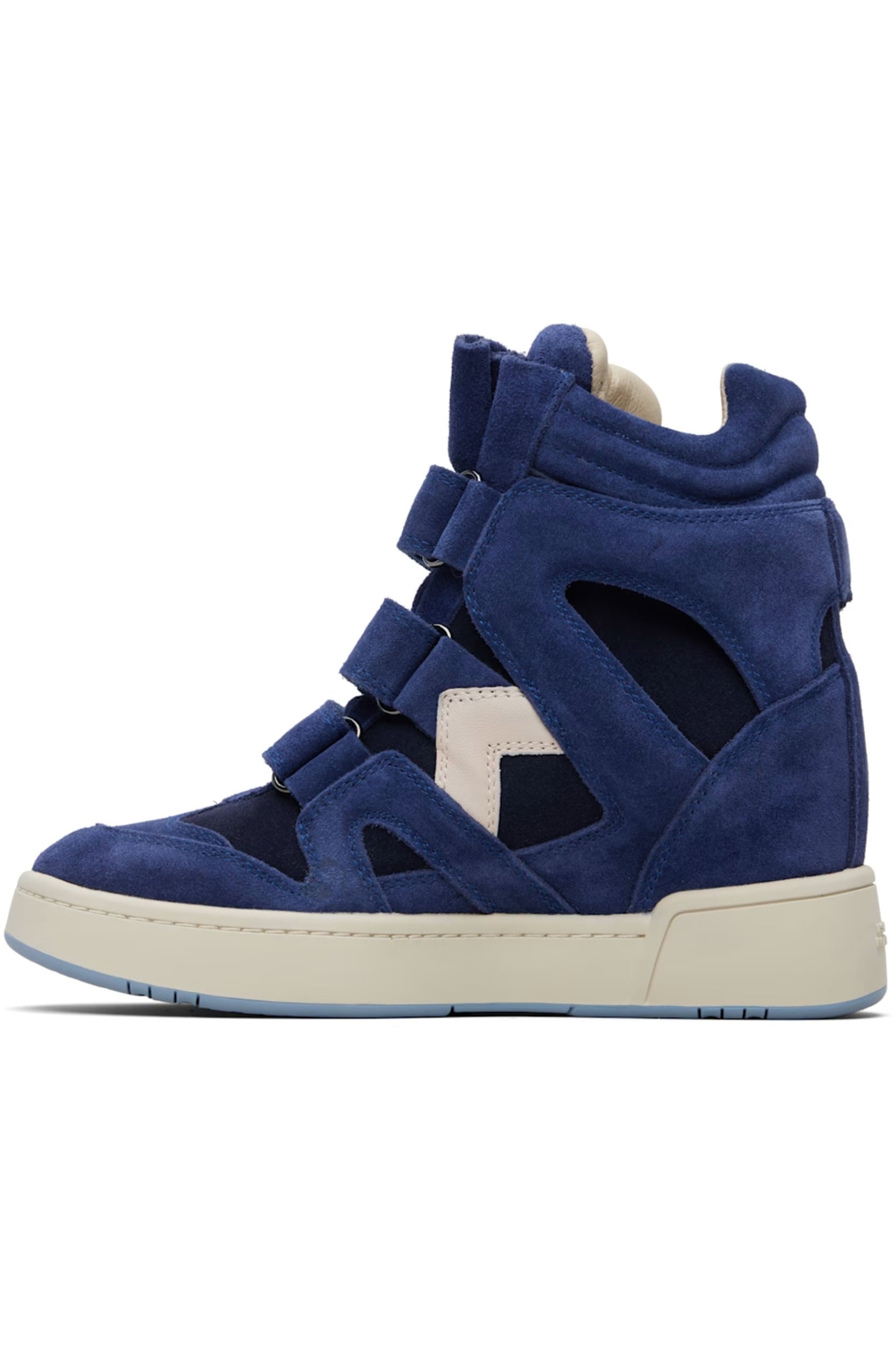 Blue high-top sneaker with cut-out design on a white background