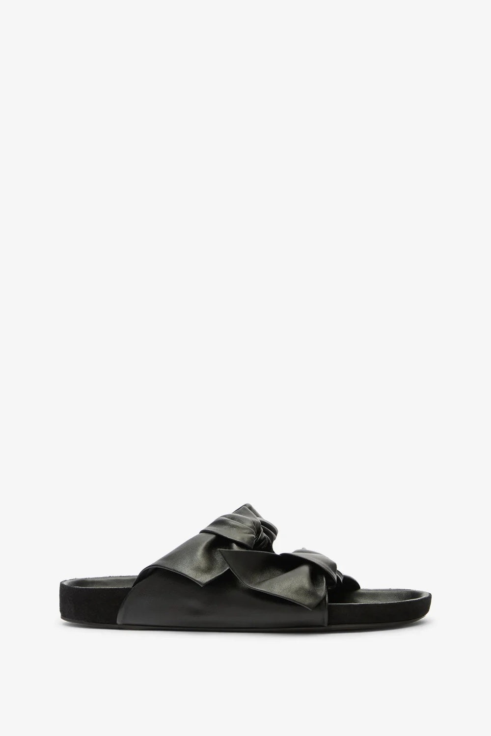 Black sandal with a bow on a white background