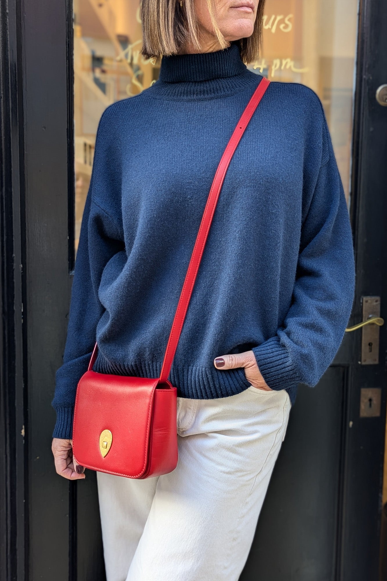 Navy Cashmere Saddle Roll-Collar Jumper