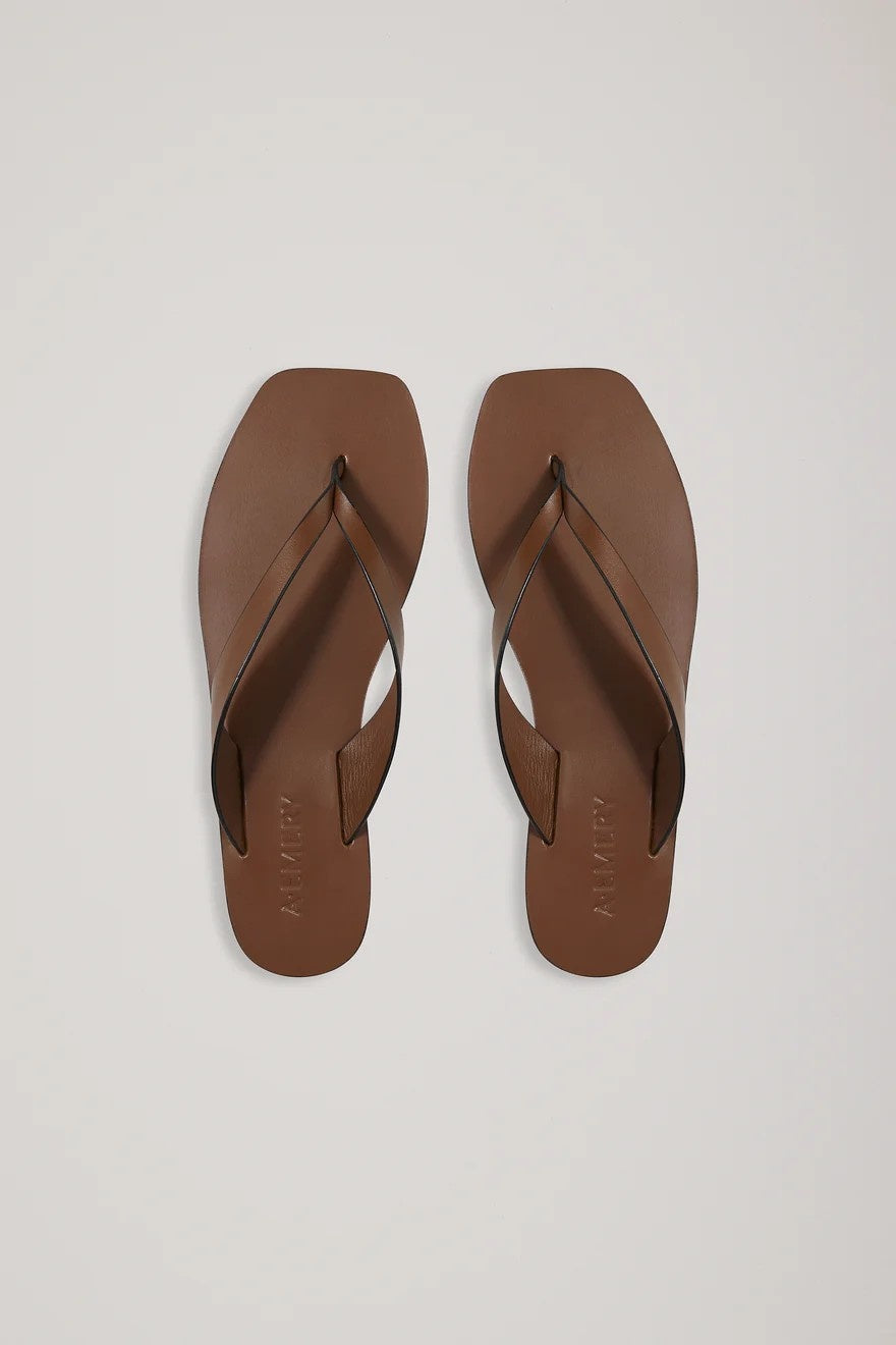 Pair of brown flip-flops on a light gray background