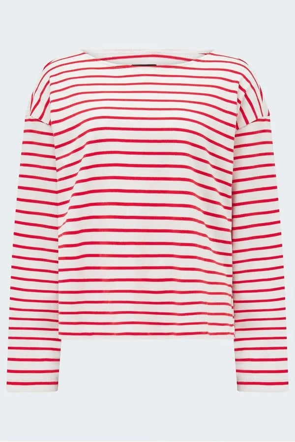 Red and white striped long-sleeve shirt on a light gray background